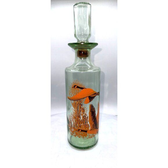 Vintage Green Glass Decanter With Cork Stopper & Orange Canadian Geese Design - Picture 1 of 13
